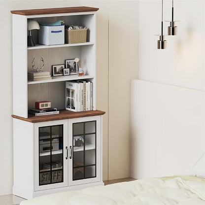 blini White Bookshelf with Glass Door, 5-Shelf Tall Bookcase, 15" Multi Depth Storage Cabinet with Adjustable Shelves, Large Bookcases for Home Office, Living Room & Bedroom