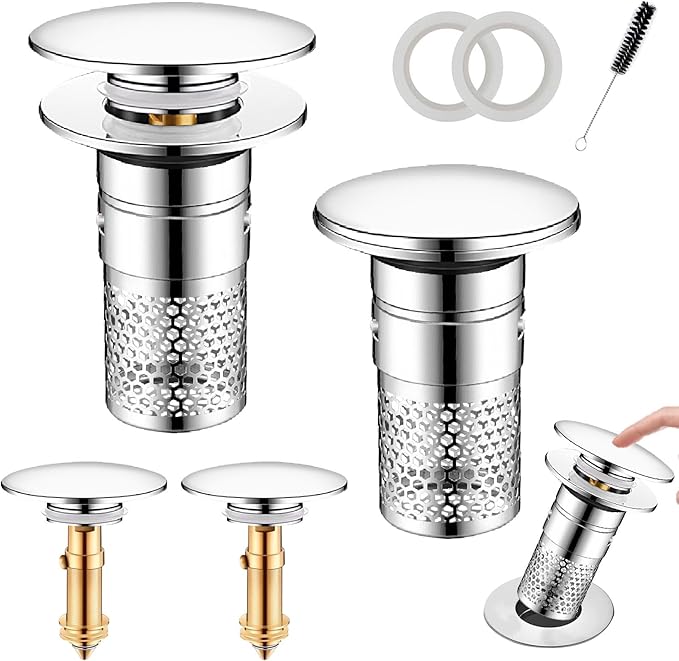 Universal Bathroom Sink Stopper Hair Catcher, Pop-up Sink Drain Strainer with Removable Stainless Steel Strainer Basket, Bathroom Sink Strainer for Bathroom Sink Stopper Replacement (2pack)
