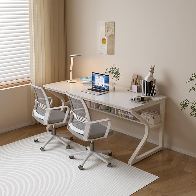 Extra Long Desk with Bookshelf - 55" Double Long Writing Table for 2-Person Workstation, Modern Study Work Computer Desk for Home and Office, Warm White