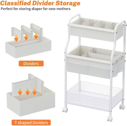 3-Tier Diaper Caddy Organizer & Rolling Cart,Metal Utility Cart with 4+2 Dividers & Lockable Silent Casters, Mobile Storage Cart for Nursery Essentials, Multi-Purpose for Kidsroom Changing Table
