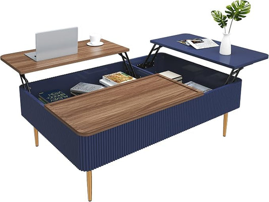 HLR 47" Dual Lift Top Coffee Table with Storage, Modern Wood Fluted Coffee Table with Hidden Compartment,Lift Tabletop Dining Center Table for Living Room, Office, Blue