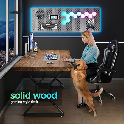 55-Inch Modern Solid Wood Desk with Thickened Metal Frame - Large Long Study Writing Table for Home Office, Adjustable Screw-in feet