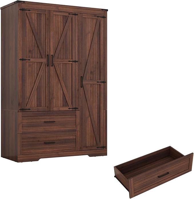 3 Doors Wardrobe Armoire Closet with Doors and Drawers, Farmhouse Wooden Armoire Storage Cabinet with Shelves & Hanging Rod for Bedroom, Brown