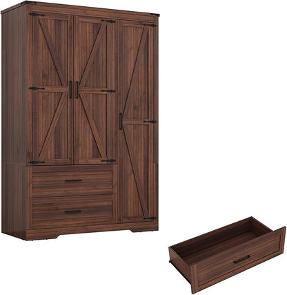 3 Doors Wardrobe Armoire Closet with Doors and Drawers, Farmhouse Wooden Armoire Storage Cabinet with Shelves & Hanging Rod for Bedroom, Brown