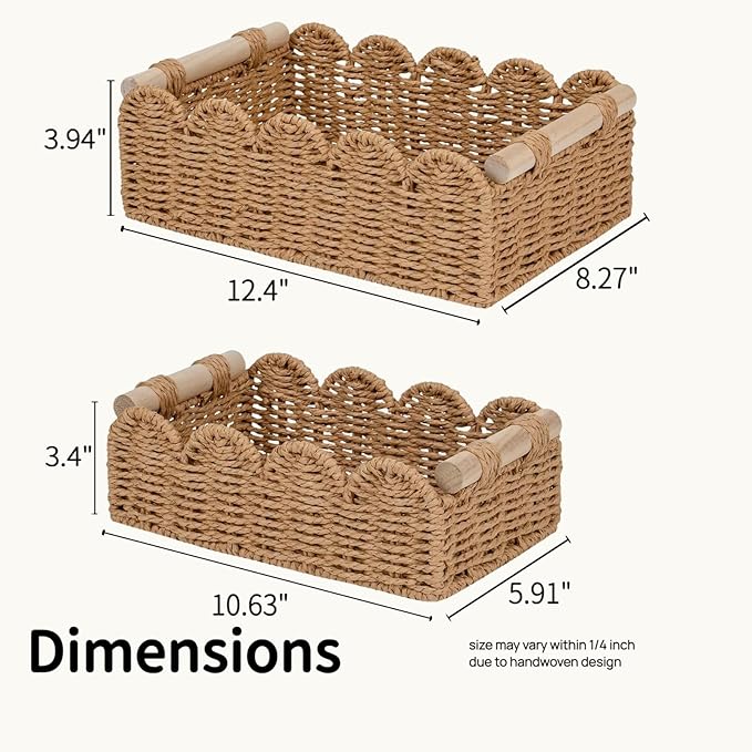 Khaki Scalloped Edge Rope Baskets with Wood Handle, Set of 2 – Neutral Decorative Storage Bins for Shelf, Closet, Nursery & Home Organization
