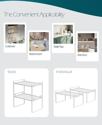 Shantton 2 Pack Kitchen Cabinet Shelf Counter Organizer Rack Pantry Storage Bathroom Bedroom Office Table Desk Space Saving Steel Frame Stackable Rust Resistant Non Slip White