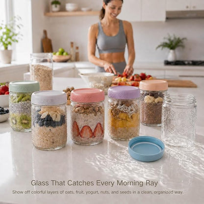 Glass Overnight Oats Containers with Airtight Lids, Decorative Mason Jars | Glass Food Storage Containers for Meal Prep, Chia Seed Pudding, Salad, Snacks, Yogurt, 6 pack16oz, Wide Mouth,Dishwasher Safe