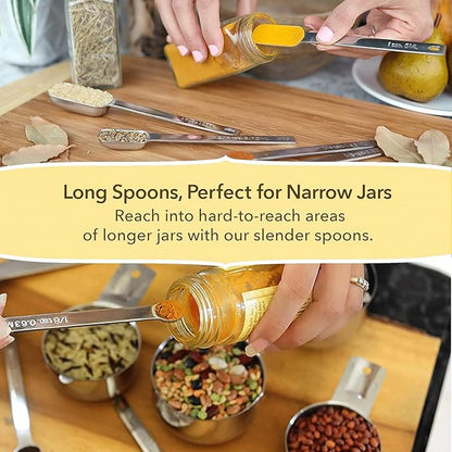 Simply Gourmet Measuring Cups & Spoons Set of 12, 18/08 Stainless Steel Kitchen Gadgets, Stackable Design with Long Handle Spoons, Fits in Spice Jars, Cooking & Baking Set for Dry & Liquid