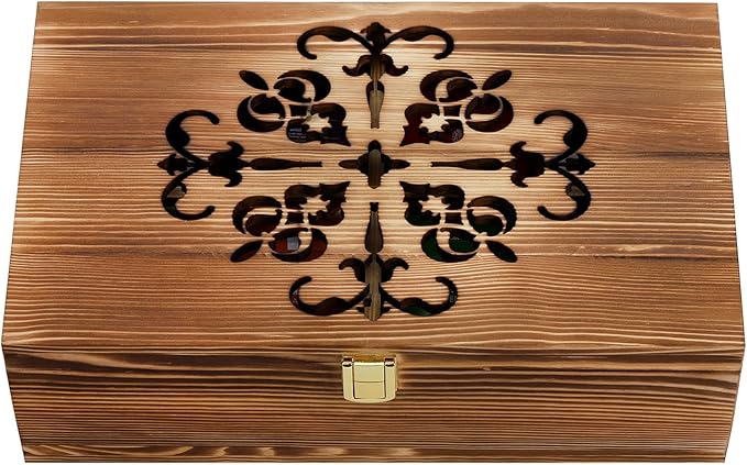 Coloch Wooden Tea Bag Storage Box with Carved Lid, 8-Compartment Tea Chest Organizer Spice Packets Container for Living Room, Kitchen, Office, Home Decor