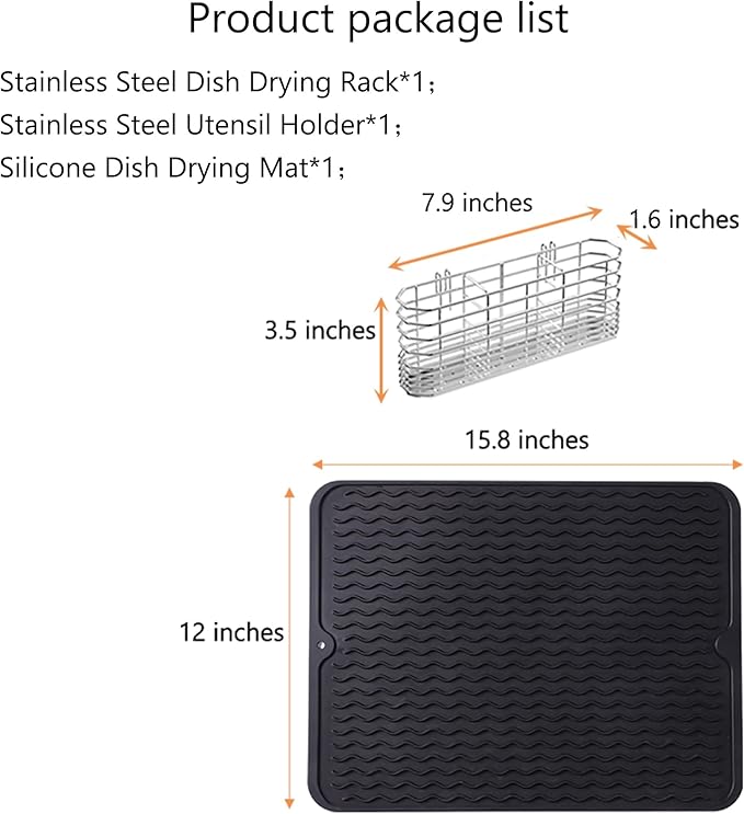 NiuYichee Stainless Steel Dish Drying Rack(15"L X 11"W X 4.1"H), Expandable Fruit & Vegetable Drain Rack over Sink, Dish Drainer Rack in Sink, with Stainless Steel Utensil Holder & Silicone Mat(16")