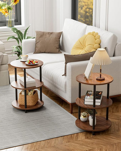 XBurmo Small Round End Table - 3 Tier Design Accent Table, Narrow Side or Bedside Stand, Industrial Vintage Nightstand for Bedroom, Living Room, or Small Spaces, Set of 2, Rustic Walnut