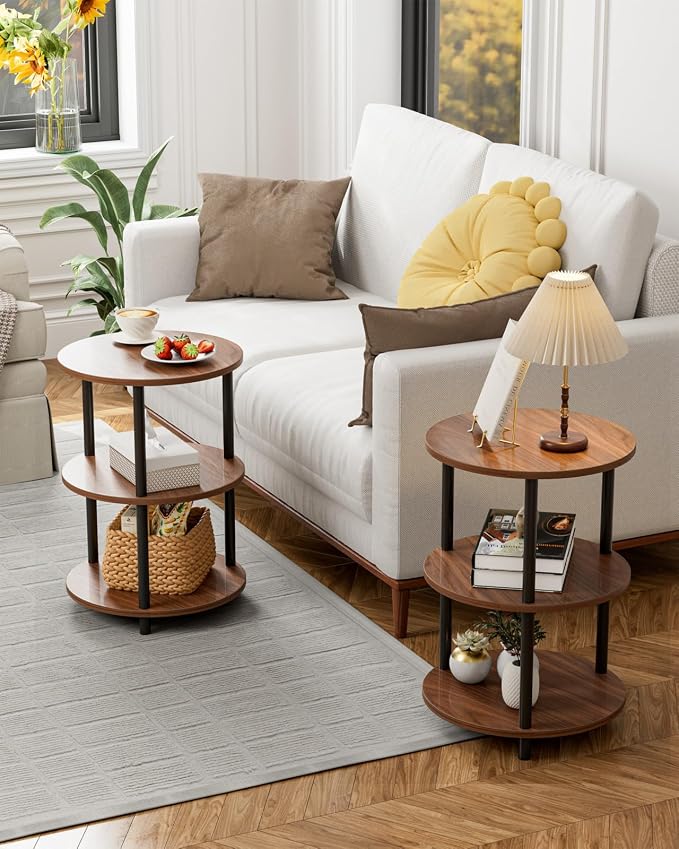 XBurmo Round Coffee Table for Living Room - Narrow Side or Bedside Stand, Industrial Vintage Nightstand for Bedroom, or Small Spaces, Rustic Walnut