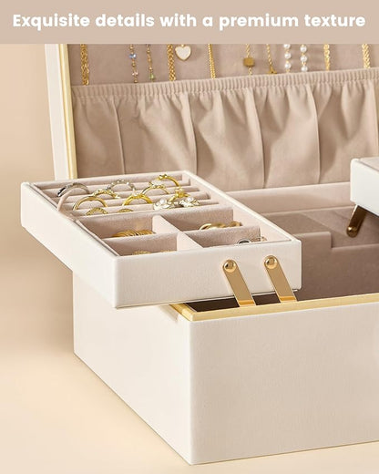 Lolalet Jewelry Box Organizer for Women Girls, 2 Layer Jewelry Organizers and Storage for Necklace Earrings Rings Bracelets, Large Jewellery Holder Case Birthday Gifts -Cream