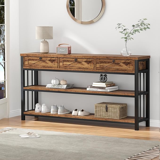 HSH Entryway Table with 3 Drawers, 55” Rustic Sofa Table with Storage Shelves, 3 Tier Console Table Behind Couch for Living Room, Farmhouse Wood Metal Entry Hallway Table for Entrance, Brown, 55 inch