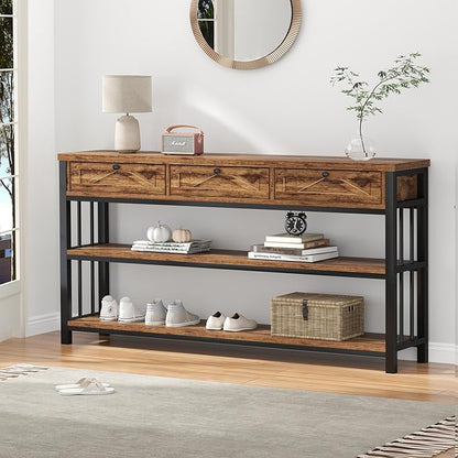 HSH Entryway Table with 3 Drawers, 55” Rustic Sofa Table with Storage Shelves, 3 Tier Console Table Behind Couch for Living Room, Farmhouse Wood Metal Entry Hallway Table for Entrance, Brown, 55 inch