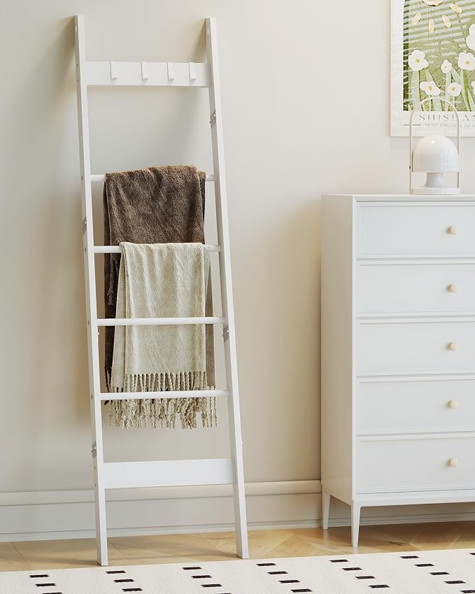 Hzuaneri Blanket Ladder for Living Room, Decorative Quilt Rack with 4 Removable Hooks, 6-Tier Farmhouse Ladder Holder Shelf Organizer for Bedroom, White BR31513W