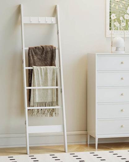 Hzuaneri Blanket Ladder for Living Room, Decorative Quilt Rack with 4 Removable Hooks, 6-Tier Farmhouse Ladder Holder Shelf Organizer for Bedroom, White BR31513W