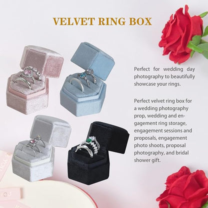 Wedding Ring Box 3 Slots - Hexagon Velvet Ring Box, Detachable Lid Three Slots Jewelry Ring Gift Box, Gorgeous Vintage Premium Ring Bearer Boxes for Proposal Engagement