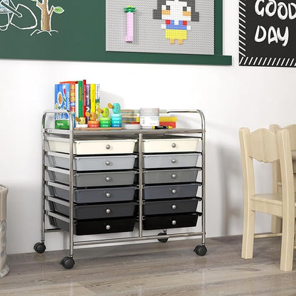 GOFLAME 12-Drawer Rolling Storage Cart, Multifunctional Art Craft Organizer Cart, Mobile Utility Storage Cart with Removable Drawers & Lockable Wheels, Craft Cart for Home Office School, Grey Gradient