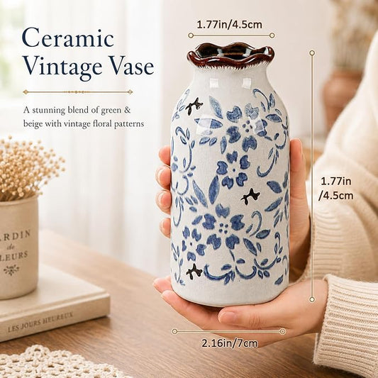 Blue Vase Chinese Ceramic Crackle Floral Vase for Blue and White Porcelain Home Bookshelf Living Room Table Centerpiece Decor