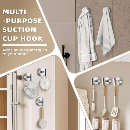 Suction Cup Hooks for Shower - Bathroom Reusable Hooks for Towels, Robes & Loofah - No-Drill Mounting on Kitchen,Walls,Metal,Glass,Mirrors,Tile & Smooth Non-Porous Surfaces (4, Brushed Nickel)