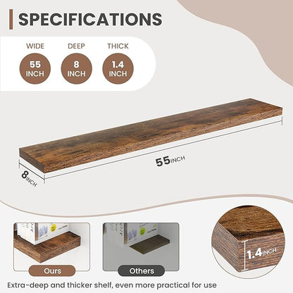 Acovy 55 Inch Floating Shelves, 8 Inch Deep Floating Shelves for Wall, Hanging Shelf with Invisible Brackets, Deep Shelves for Bathroom, Bedroom, Living Room, Brown, Set of 2