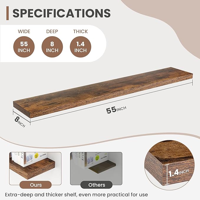 Acovy 55 Inch Floating Shelves, 8 Inch Deep Floating Shelves for Wall, Hanging Shelf with Invisible Brackets, Deep Shelves for Bathroom, Bedroom, Living Room, Brown, Set of 1