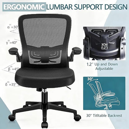 Desk Chairs with Wheels, Ergonomic Mesh Office Chair Adjustable Height and Swivel Lumbar Support Home Office Chair with Flip Up Armrests, Set of 16