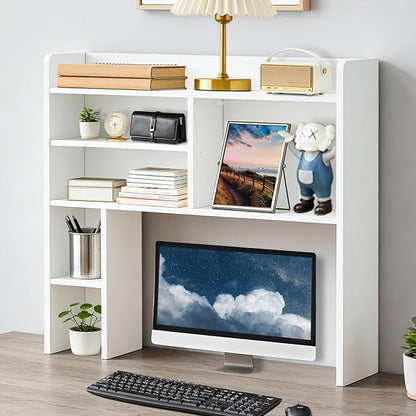 Desktop Bookshelf, Wooden Desk Hutch with 7 Shelves, 35.4" 3-Tier Desk Organizer and Storage Shelf for College Dorm Office Home (White)