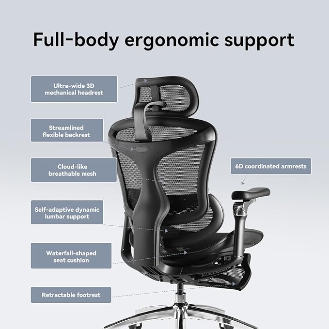 SIHOO Doro C300 Pro Ergonomic Office Chair with Footrest, Ultra-Soft 6D Armrests, Dynamic Lumbar Support, Seat Depth Adjustment and Adjustable Backrest, Big and Tall Desk Chair for Home Office (Black)