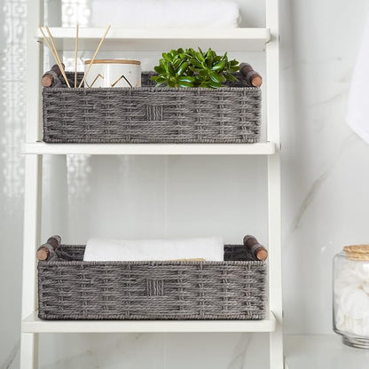 Round Paper Rope Storage Basket Wicker Baskets for Organizing with Handle Decorative Storage Bins for Countertop Toilet Paper Basket for Toilet Tank Top Small Baskets Set,Grey
