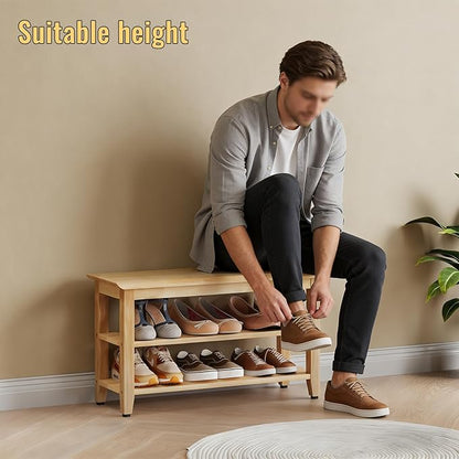 Wood Shoe Bench for Entryway,Bench with Shoe Rack,Storage Shoe Organizer for Hallway,Living Room,Bedroom (Natural, 31.5''W×11.81‘’D×17.71‘’H)