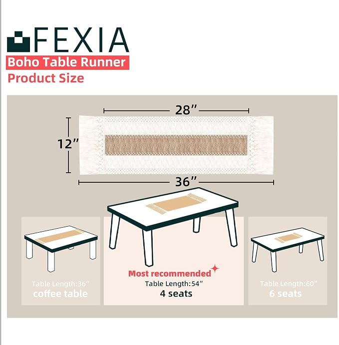 FEXIA Boho Table Runner for Summer Home Coffee Decor with Tassels 36 Inches Long Farmhouse Rustic Table Cloth Cream & Brown Macrame for Kitchen Dining Bedroom Decor Bridal Shower (12x36Inches)