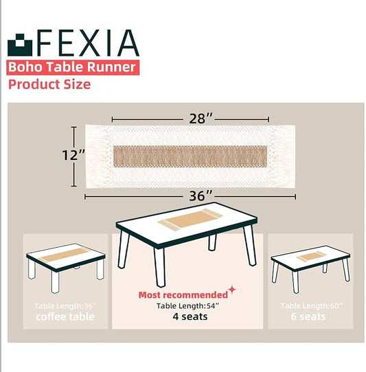 FEXIA Boho Table Runner for Summer Home Coffee Decor with Tassels 36 Inches Long Farmhouse Rustic Table Cloth Cream & Brown Macrame for Kitchen Dining Bedroom Decor Bridal Shower (12x36Inches)