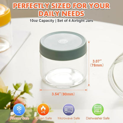 iyayayuanyuan Premium 10oz Borosilicate Glass Jars with Airtight Lids (4 Pack) - Freezer, Oven, Microwave & Dishwasher Safe (-4°F to 446°F), Stackable for Spices, Coffee, Chia Pudding, Snacks & Pantry