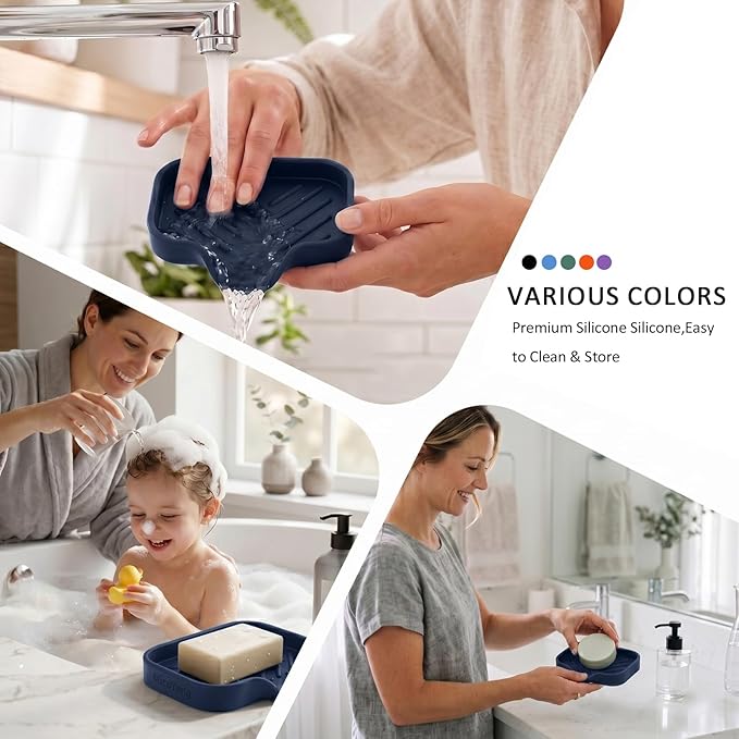MicoYang Silicone Soap Dish with Drain Spout, Self-Draining Sink Organizer Tray for Bathroom and Kitchen, Sponges, Dispensers & Soap Holder, Non-Slip & Dishwasher Safe, Navy Blue (Compact, 4.9"×3.2")