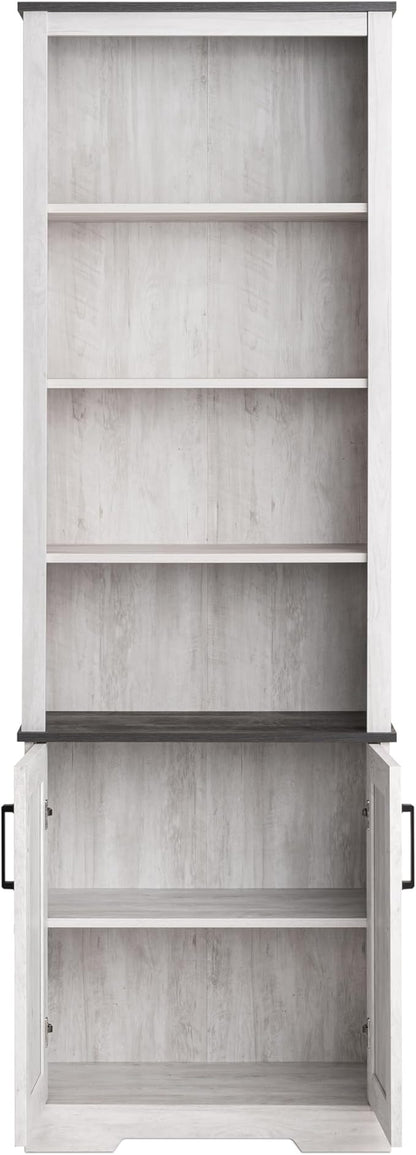 Prepac Rustic Ridge Bookcase with Doors, Washed White Storage Cabinet with Doors and Shelves, Accent Cabinet 26" W x 79.75" H x 12.5" D, ASBR-1630-1