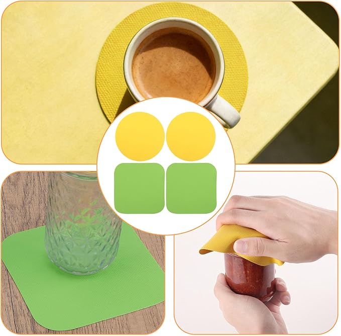 4pcs Rubber Jar Opener, 2 Round & 2 Square Rubber Bottle Opener Pads Non-Slip Texture Jar Lid Remover for the Elderly & Users with Weak Hands