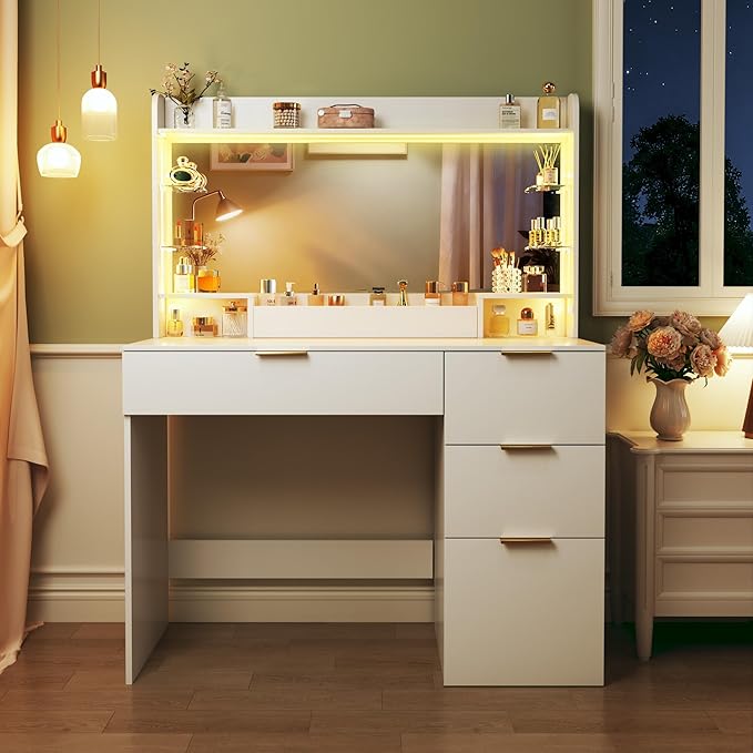 Vanity Desk with Mirror and Lights, Makeup Vanity with Lights, 3 Color Lighting Modes, Vanity Desk with Large Mirror & 4 Storage Drawers & Acrylic Shelves for Bedroom, White