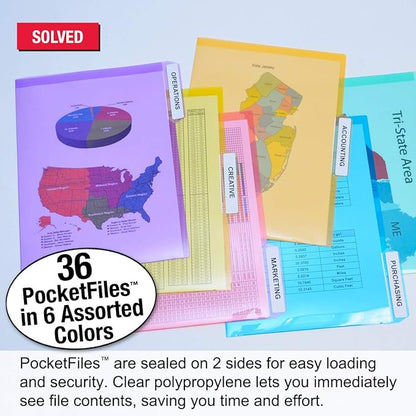 Ultimate Office PocketFile Clear Poly Document Folder Project Pockets, 3rd-Cut, Letter Size, in 6 Assorted Colors, Set of 36