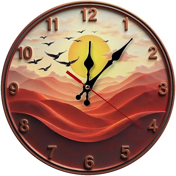 Wall Clock， Sunset Desert Landscape Non Ticking Wall Clocks Battery Operated， Red Wooden Wall Clocks for Kitchen， Living Room， Bedroom， Office， Bathroom Decorative 25 * 25cm