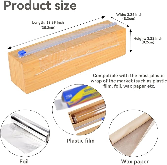 Uncle Jack Plastic Wrap Dispenser with Slide Cutter, Fit 13'' Rolls, Bamboo Aluminum Foil Dispenser with Cutter for Wax Paper, Saran Wrap