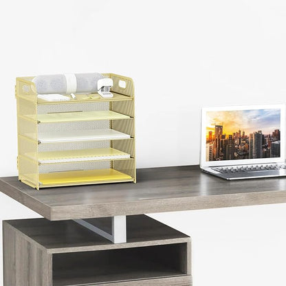 Sinboun Letter Tray Paper Organizer 5-Tier Desk Organizer File Organizer Paper Holder with Handle, Metal Desktop Document Shelf Tray Office Classroom Organization - Gold
