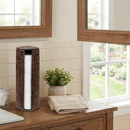 PINXIURY Water Hyacinth Paper Roll Holder, Wicker Toilet Paper Holder Stand for Bathroom, Toilet Roll Holder Stand for Bathroom and Under Sink, 3 Rolls of Toilet Paper Storage, Coffee