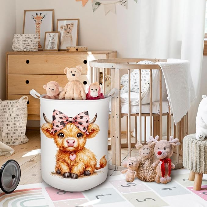 HKTZM Highland Cow Baby Nursery Laundry Basket, Toybox for Girls Room, Pink Leopard Bow Cow Laundry Basket Waterproof Collapsible Clothes Toys Storage Bin Organizer for Kids Room Playroom Bathroom