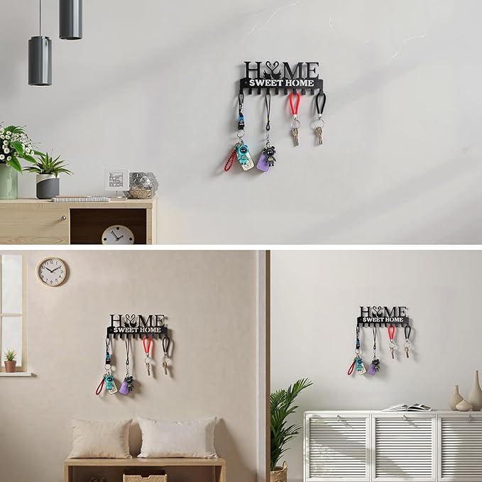 Key Holder Wall Mounted with Screws and Anchors, Black Multifunctional Key Hanger with 10 Hooks, Entryway Front Door Kitchen Hallway Garage Office