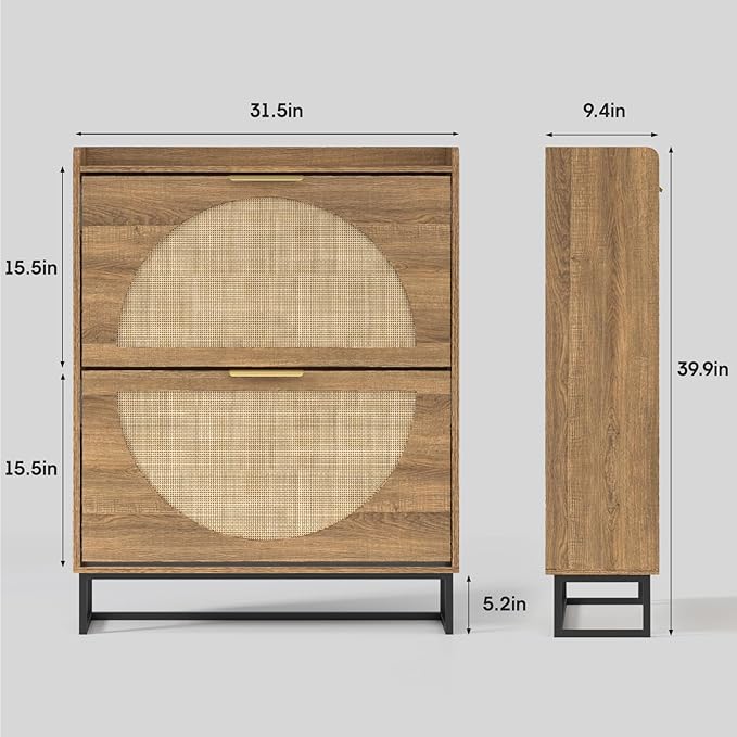 Maupvit Rattan Shoe Storage Cabinet with 2 Flip Drawers, Freestanding Shoe Organizer with Metal Legs for Entryway, Hidden Golden Handles, Narrow Shoe Rack Cabinet, Rustic Oak Rattan