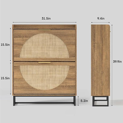 Maupvit Rattan Shoe Storage Cabinet with 2 Flip Drawers, Freestanding Shoe Organizer with Metal Legs for Entryway, Hidden Golden Handles, Narrow Shoe Rack Cabinet, Rustic Oak Rattan