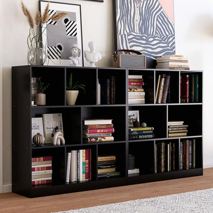 Black Bookshelf, Wooden Bookshelf with Base, Cube Storage Organizer, Bookcase for Living Room,Bedroom,Study and Office (Black, 8-Cube)