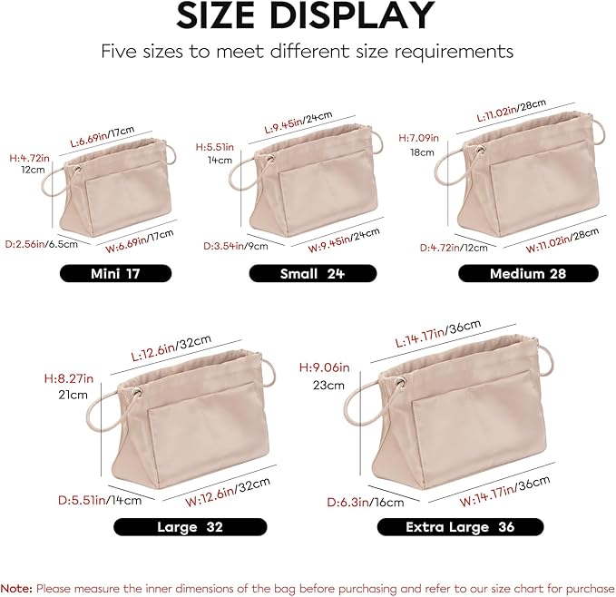 GIVLEFLY Purse Organizer Insert with Multiple Pockets, Drawstring Satin Tote Bag Organizer,Light Weight Purse Liner with Zipper Pocket Fit for Longchamp Hobo,Neverful and More (Beige,Large)